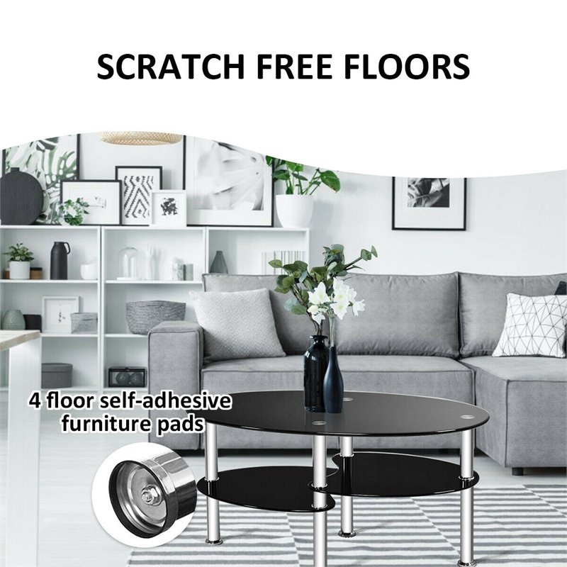 Pemberly Row Tempered Glass Coffee Table with 2 Bottom Shelves in Black