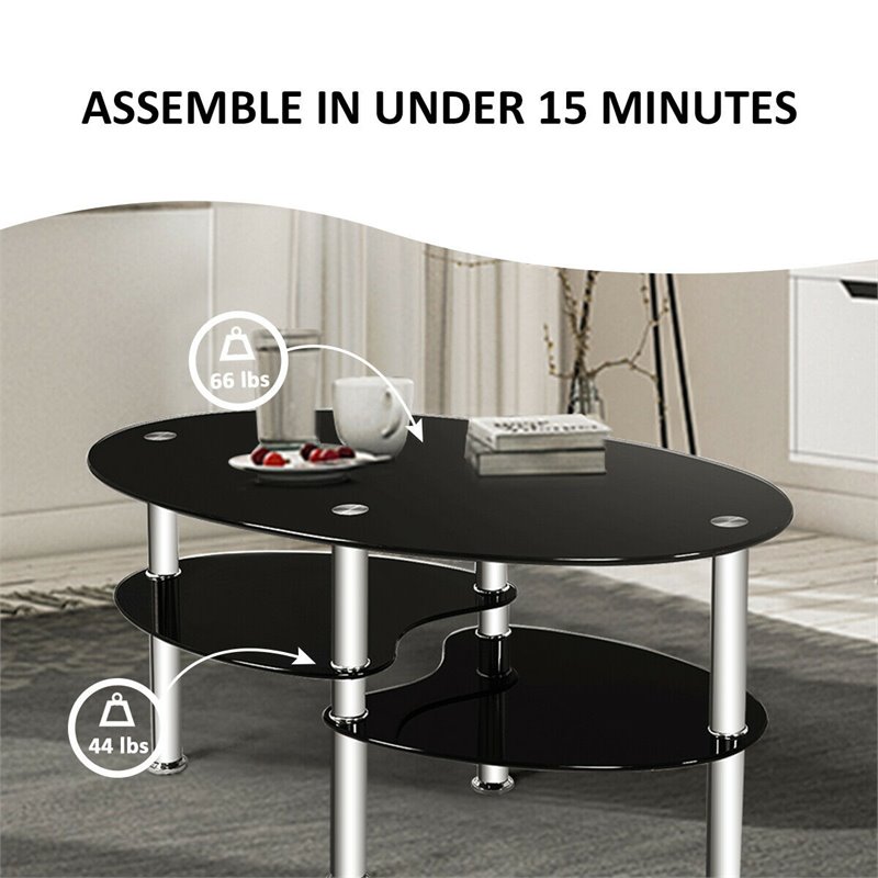 Pemberly Row Tempered Glass Coffee Table with 2 Bottom Shelves in Black