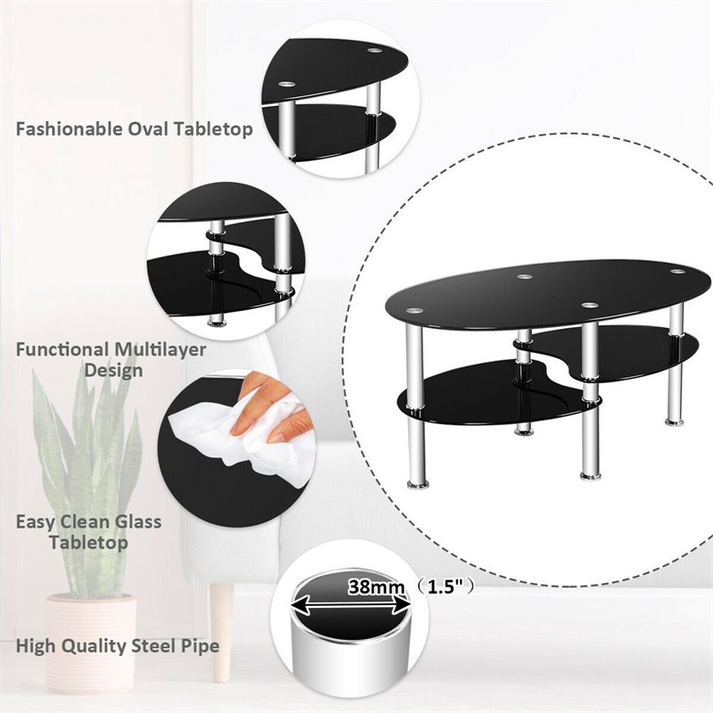 Pemberly Row Tempered Glass Coffee Table with 2 Bottom Shelves in Black