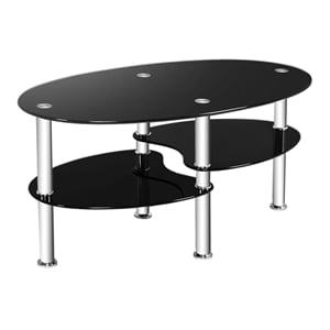 Pemberly Row Tempered Glass Coffee Table with 2 Bottom Shelves in Black