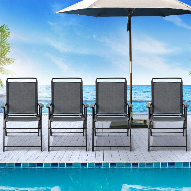 Pemberly Row Iron and Fabric Patio Folding Chair with Armrest in Gray (Set of 4)