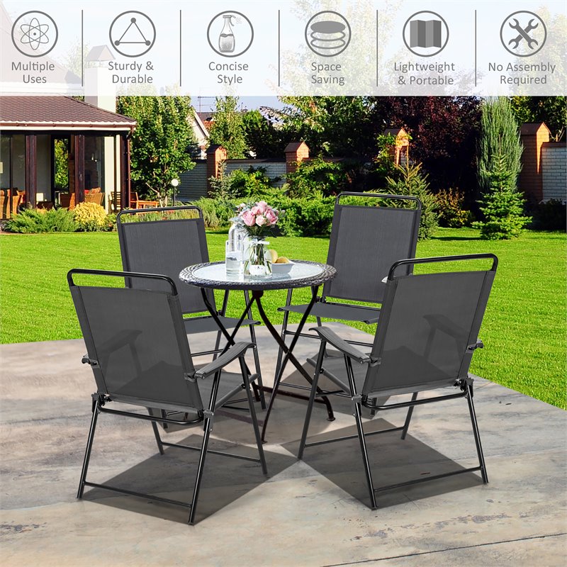 Pemberly Row Iron and Fabric Patio Folding Chair with Armrest in Gray (Set of 4)