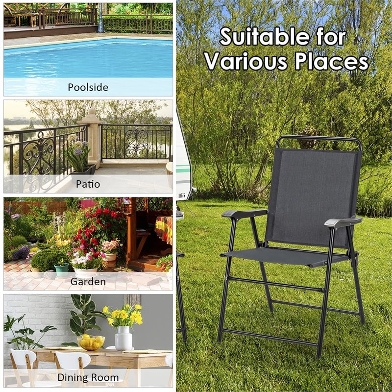 Pemberly Row Iron and Fabric Patio Folding Chair with Armrest in Gray (Set of 4)