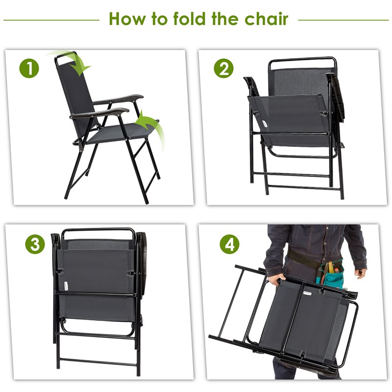 Pemberly Row Iron and Fabric Patio Folding Chair with Armrest in Gray (Set of 4)