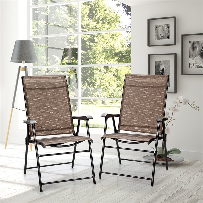Pemberly Row Steel & Fabric Patio Folding Chair with Armrest in Brown (Set of 2)