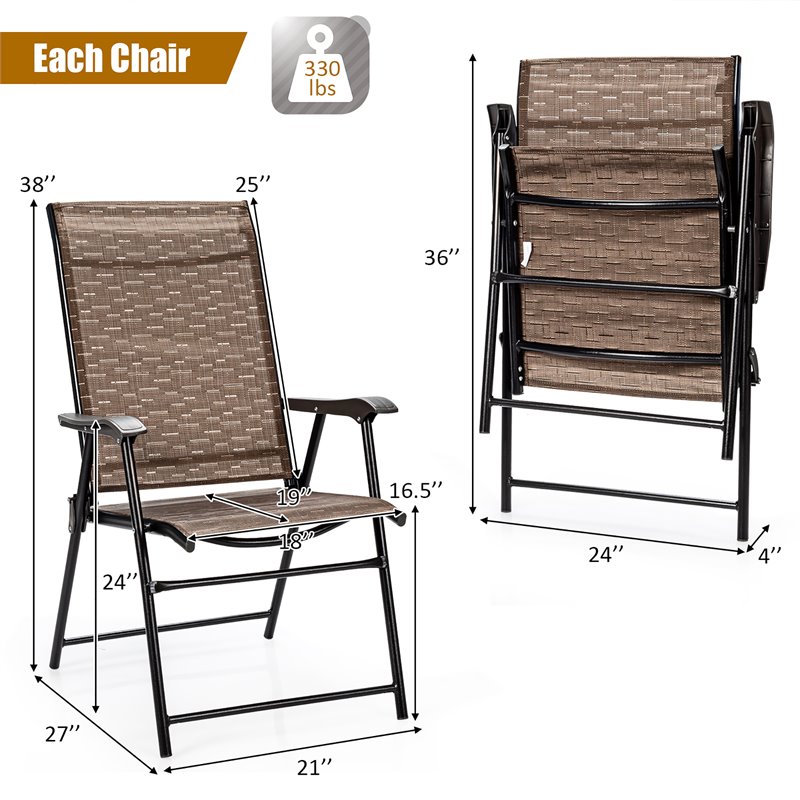 Pemberly Row Steel & Fabric Patio Folding Chair with Armrest in Brown (Set of 2)