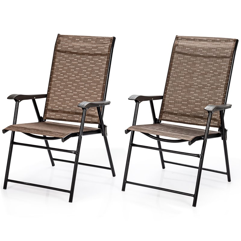 Pemberly Row Steel & Fabric Patio Folding Chair with Armrest in Brown (Set of 2)