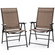 Pemberly Row Steel & Fabric Patio Folding Chair with Armrest in Brown (Set of 2)
