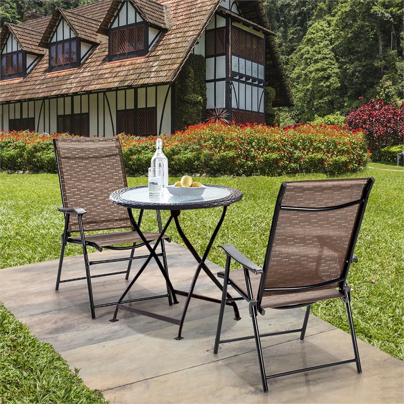 Pemberly Row Steel & Fabric Patio Folding Chair with Armrest in Brown (Set of 2)