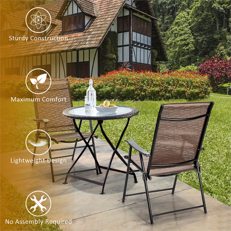 Pemberly Row Steel & Fabric Patio Folding Chair with Armrest in Brown (Set of 2)