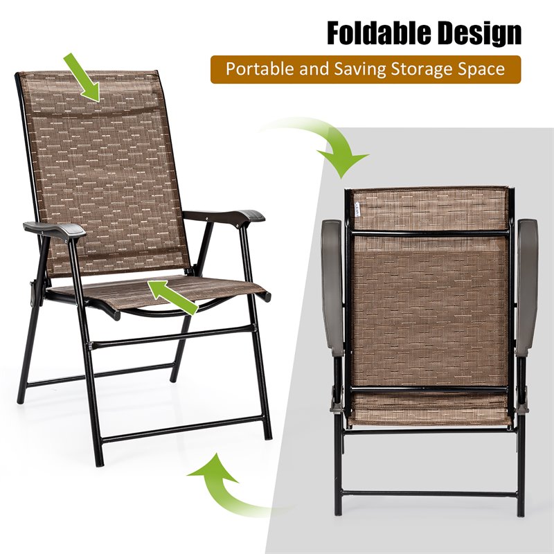 Pemberly Row Steel & Fabric Patio Folding Chair with Armrest in Brown (Set of 2)
