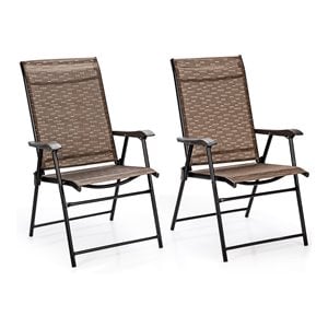 Pemberly Row Steel & Fabric Patio Folding Chair with Armrest in Brown (Set of 2)