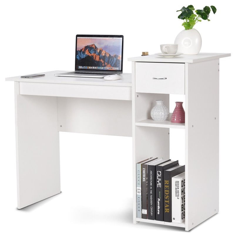 Pemberly Row Particle Board Computer Desk w/ 2 Open Shelves in White