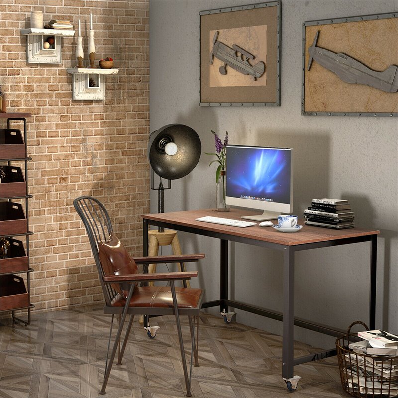 Pemberly Row Contemporary Particleboard and Steel Rolling Computer Desk in Brown