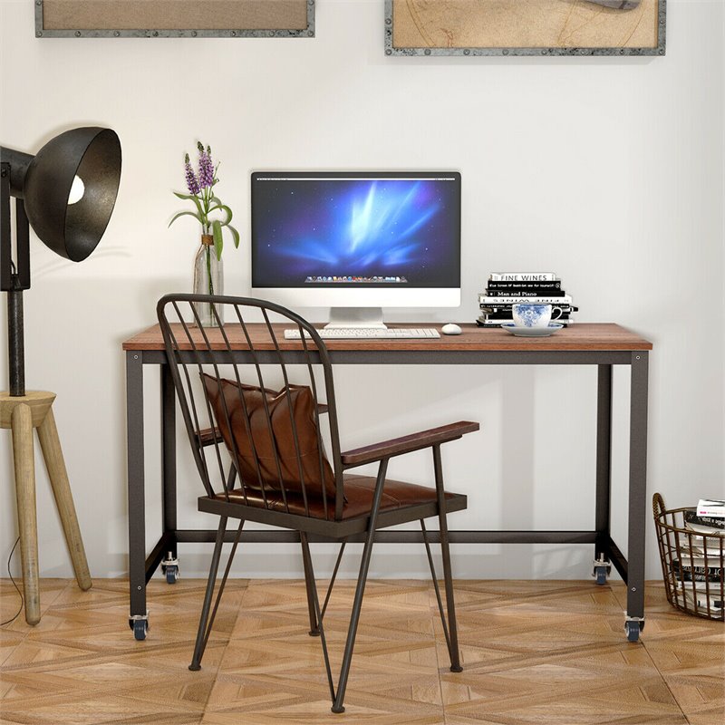 Pemberly Row Contemporary Particleboard and Steel Rolling Computer Desk in Brown