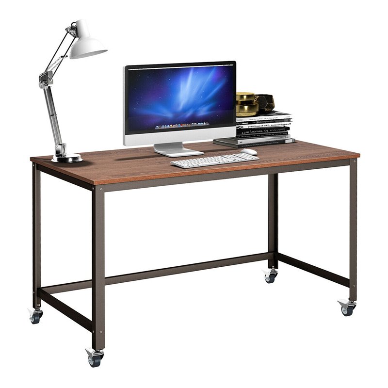 Pemberly Row Contemporary Particleboard and Steel Rolling Computer Desk in Brown