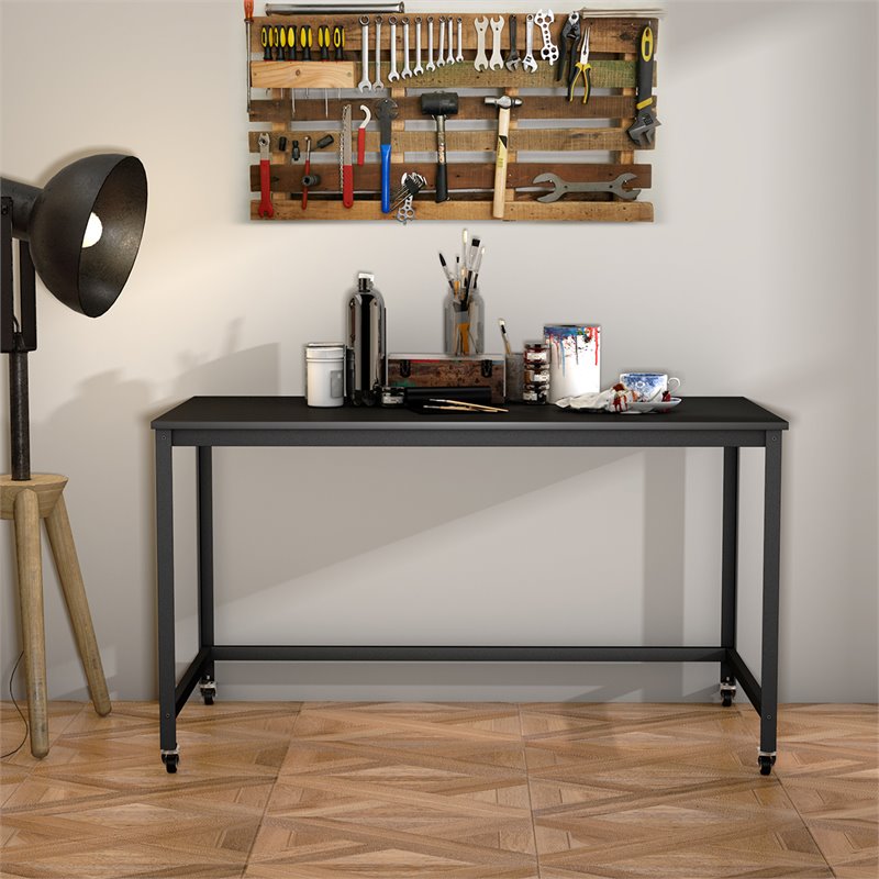 Pemberly Row Contemporary Particleboard and Steel Rolling Computer Desk in Black