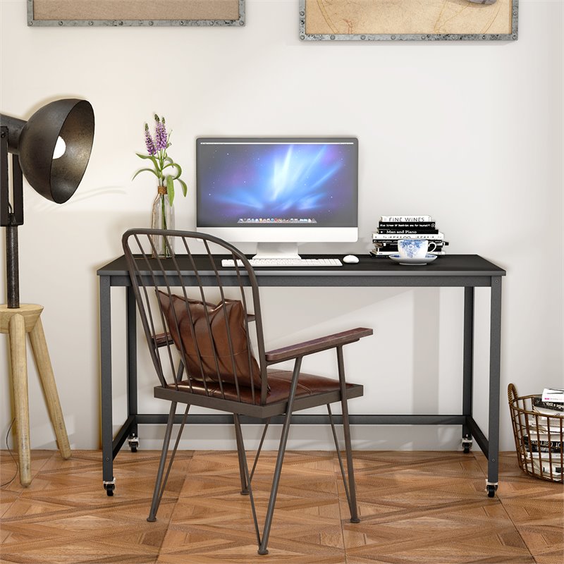 Pemberly Row Contemporary Particleboard and Steel Rolling Computer Desk in Black
