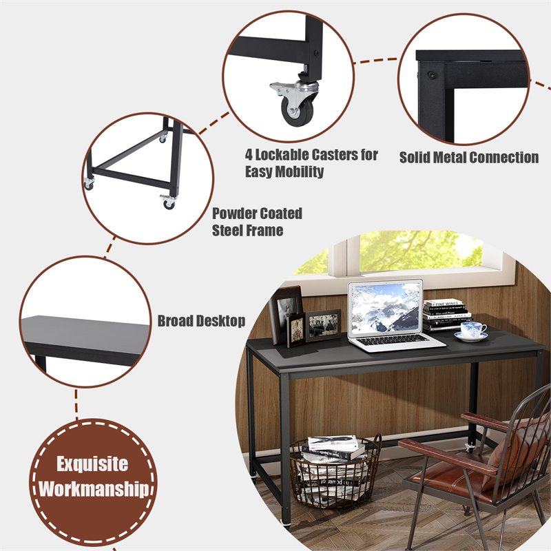 Pemberly Row Contemporary Particleboard and Steel Rolling Computer Desk in Black