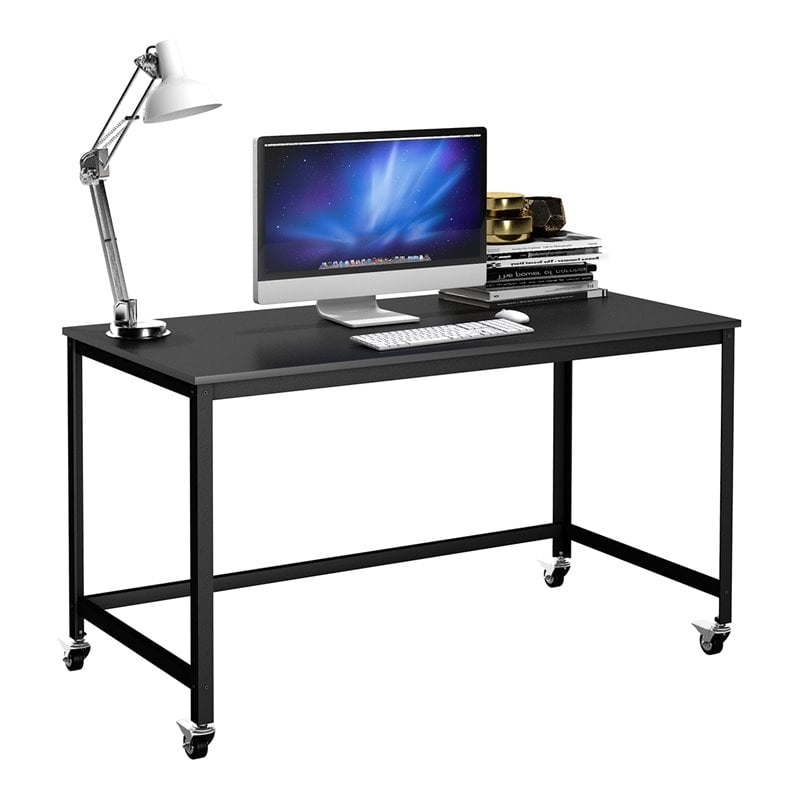 Pemberly Row Contemporary Particleboard and Steel Rolling Computer Desk in Black