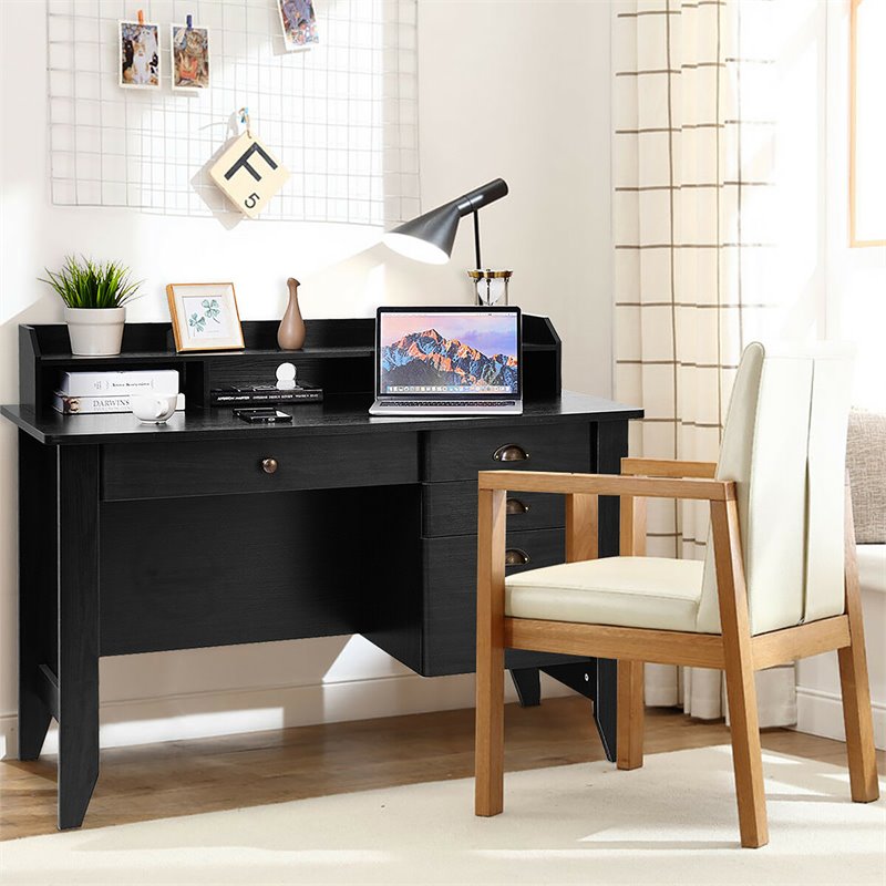 Pemberly Row Contemporary MDF Computer Desk with 3 Side Drawers in Black