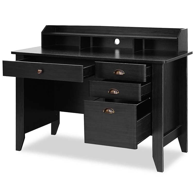 Pemberly Row Contemporary MDF Computer Desk with 3 Side Drawers in Black