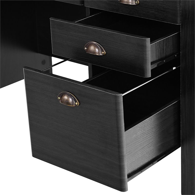 Pemberly Row Contemporary MDF Computer Desk with 3 Side Drawers in Black