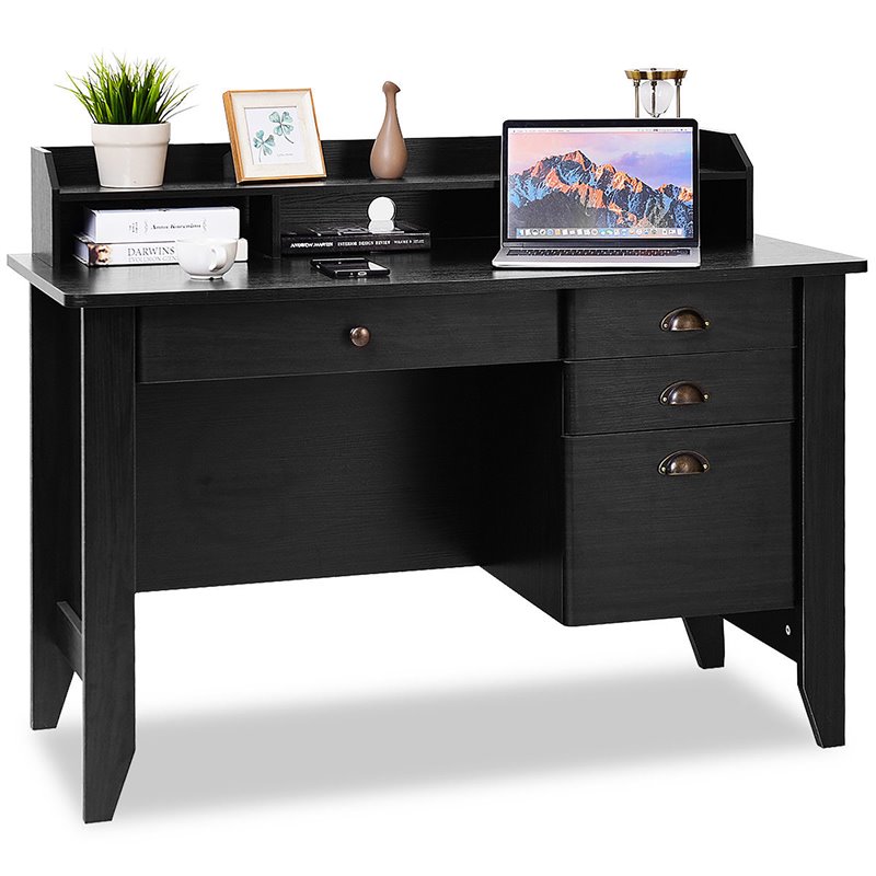 Pemberly Row Contemporary MDF Computer Desk with 3 Side Drawers in Black