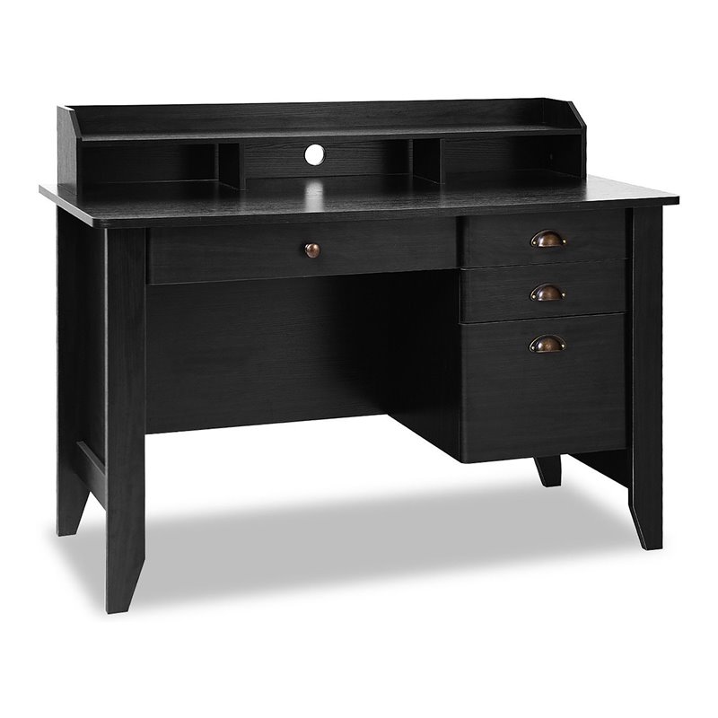 Pemberly Row Contemporary MDF Computer Desk with 3 Side Drawers in Black