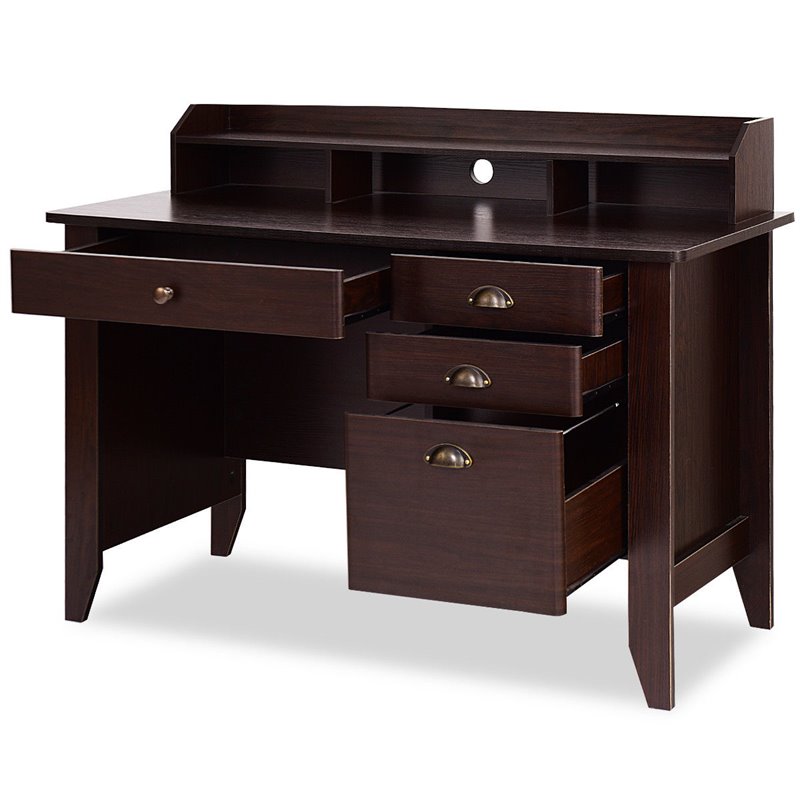 Pemberly Row Contemporary MDF Computer Desk with 3 Side Drawers in Brown