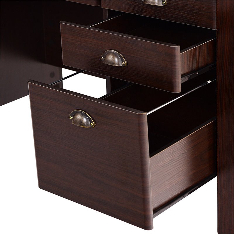Pemberly Row Contemporary MDF Computer Desk with 3 Side Drawers in Brown