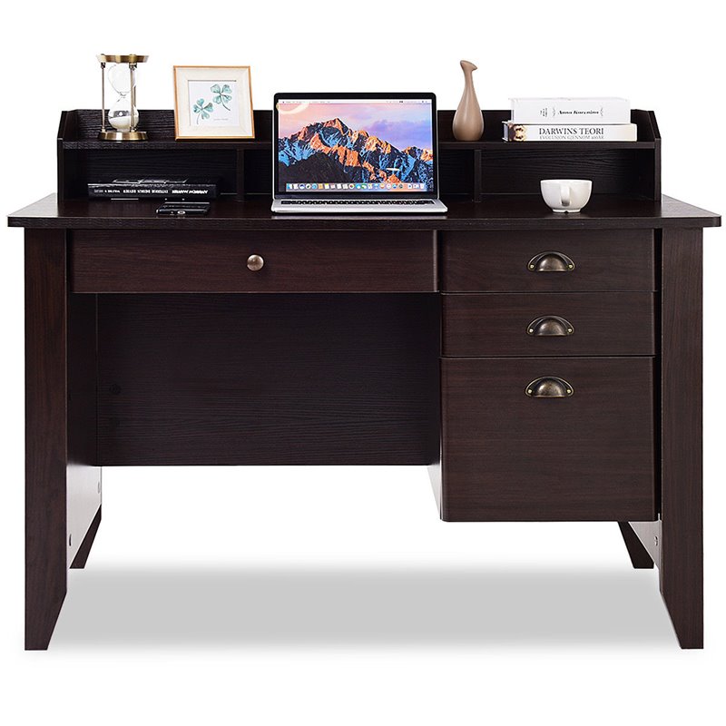 Pemberly Row Contemporary MDF Computer Desk with 3 Side Drawers in Brown