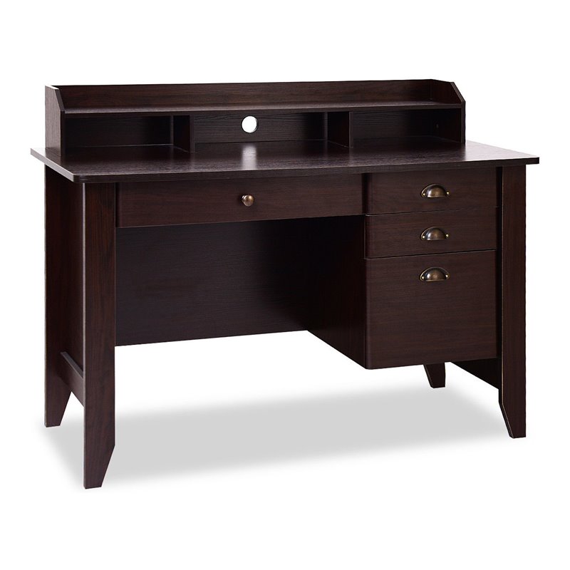 Pemberly Row Contemporary MDF Computer Desk with 3 Side Drawers in Brown