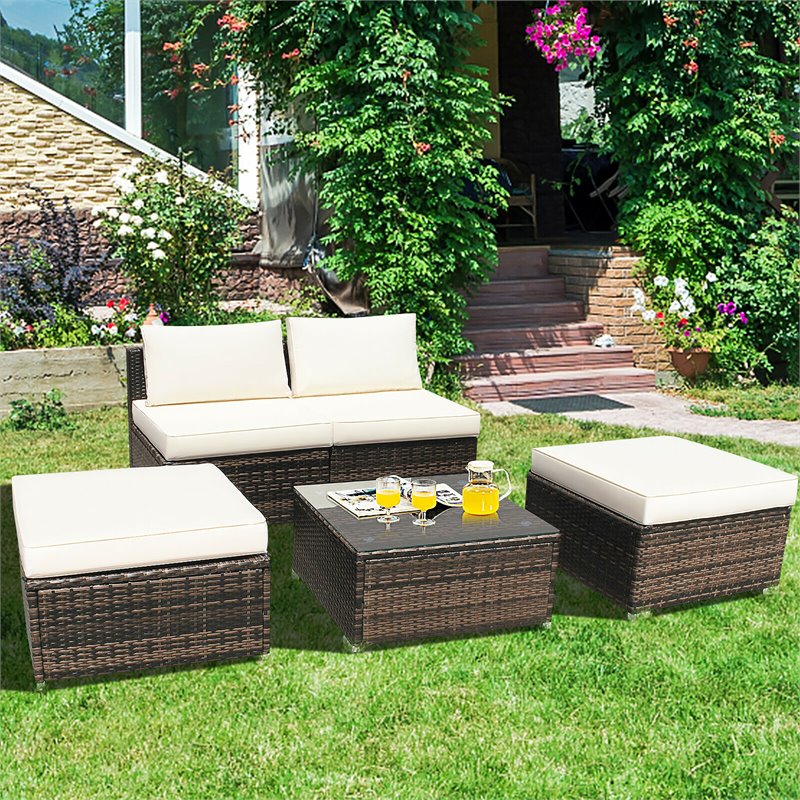 Pemberly Row 5-piece Contemporary Rattan and Steel Patio Sofa Set in White