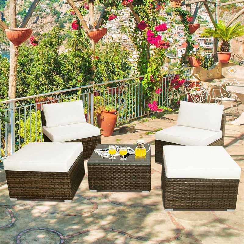 Pemberly Row 5-piece Contemporary Rattan and Steel Patio Sofa Set in White