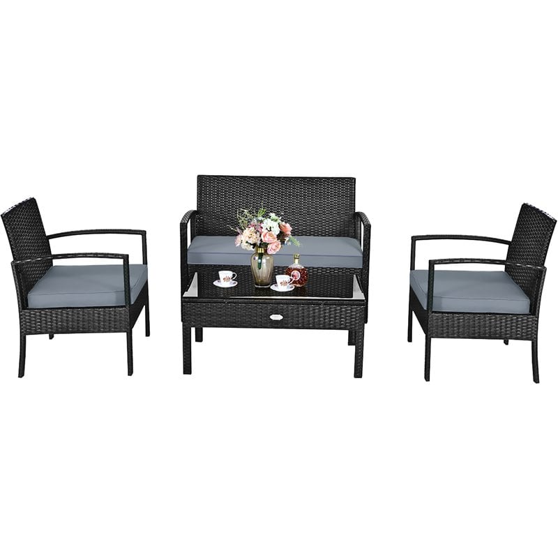 Pemberly Row 4-piece Contemporary Rattan and Steel Patio Furniture Set in Black