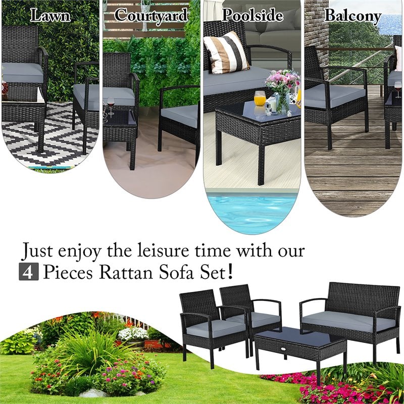 Pemberly Row 4-piece Contemporary Rattan and Steel Patio Furniture Set in Black
