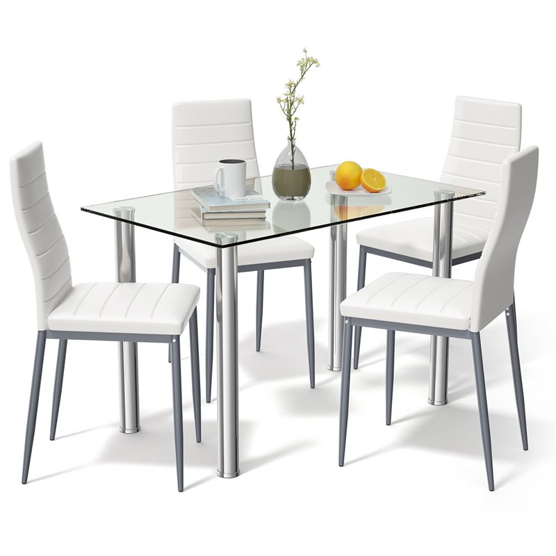 Pemberly Row 5-piece Glass and Steel Dining Set with Table and 4 Chairs in White