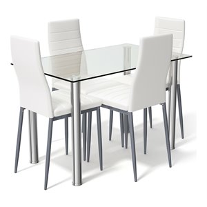 Pemberly Row 5-piece Glass and Steel Dining Set with Table and 4 Chairs in White