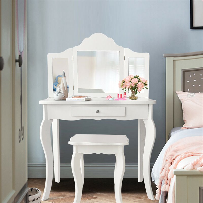 Pemberly Row MDF and Mirror Kids Vanity with Dressing Table and Stool in White