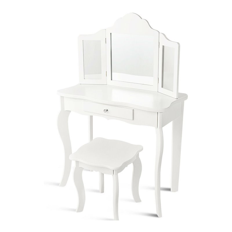 Pemberly Row MDF and Mirror Kids Vanity with Dressing Table and Stool in White