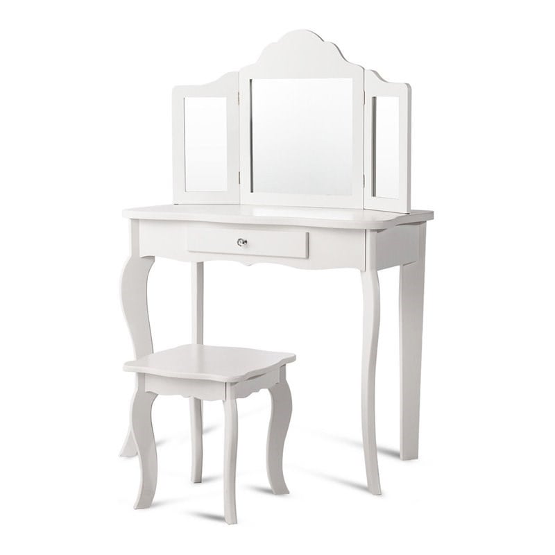 Pemberly Row Contemporary MDF and Mirror Makeup Desk Vanity Set in White