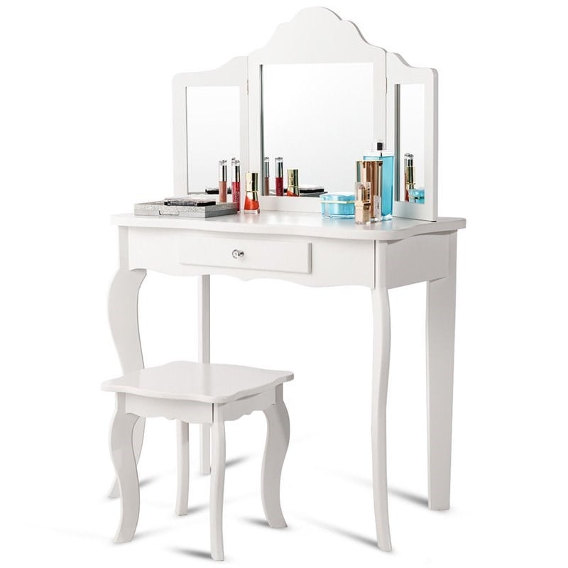 Pemberly Row Contemporary MDF and Mirror Makeup Desk Vanity Set in White