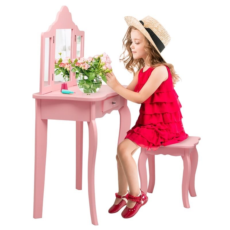 Pemberly Row MDF and Mirror For Girls Kids Vanity with Table and Stool in Pink