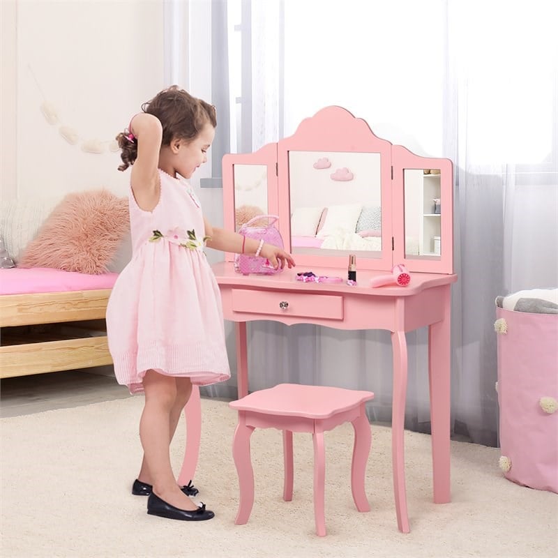 Pemberly Row MDF and Mirror For Girls Kids Vanity with Table and Stool in Pink