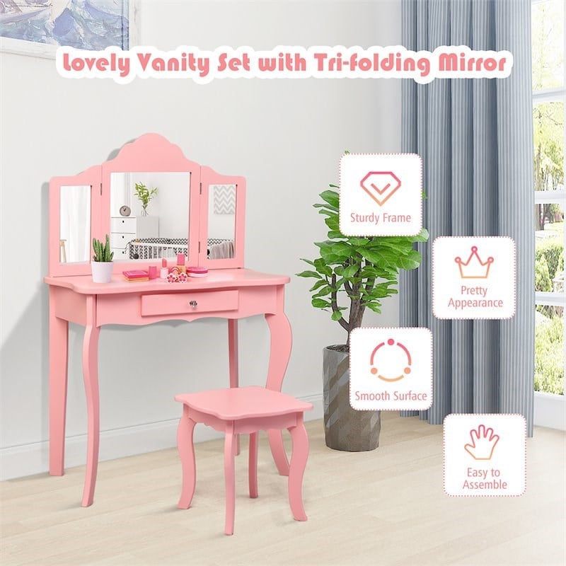 Pemberly Row MDF and Mirror For Girls Kids Vanity with Table and Stool in Pink