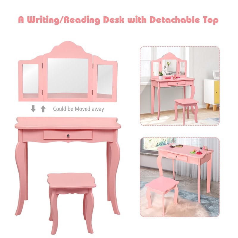 Pemberly Row MDF and Mirror For Girls Kids Vanity with Table and Stool in Pink