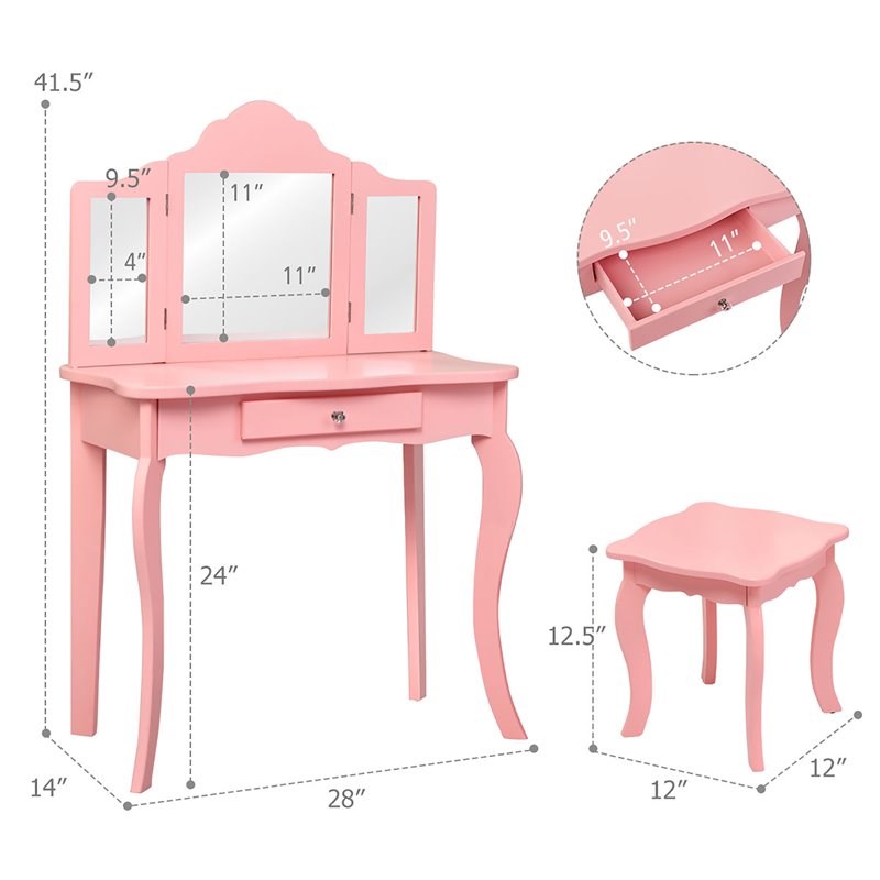 Pemberly Row MDF and Mirror For Girls Kids Vanity with Table and Stool in Pink