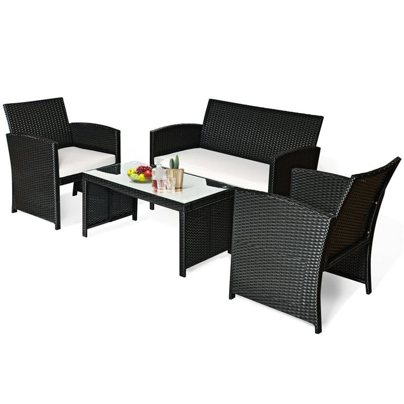 Pemberly Row 4-piece Wicker Rattan Patio Sofa and Table Set in Black