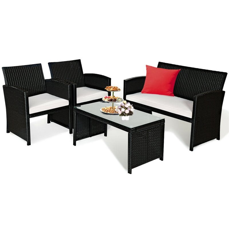 Pemberly Row 4-piece Wicker Rattan Patio Sofa and Table Set in Black